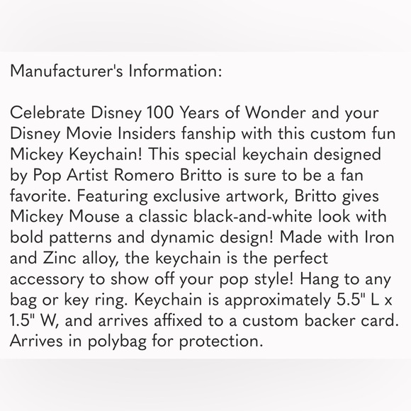 BNWT MICKEY MOUSE 100TH ANNIVERSARY KEYCHAIN BY POP ARTIST ROMERO BRITTO 2023 - Picture 6 of 9